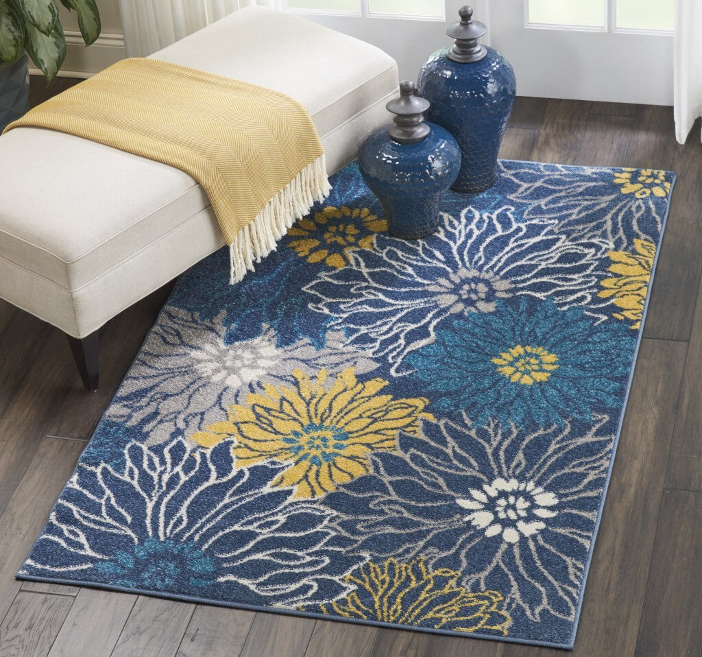 4' X 6' Blue Tropical Flower Area Rug