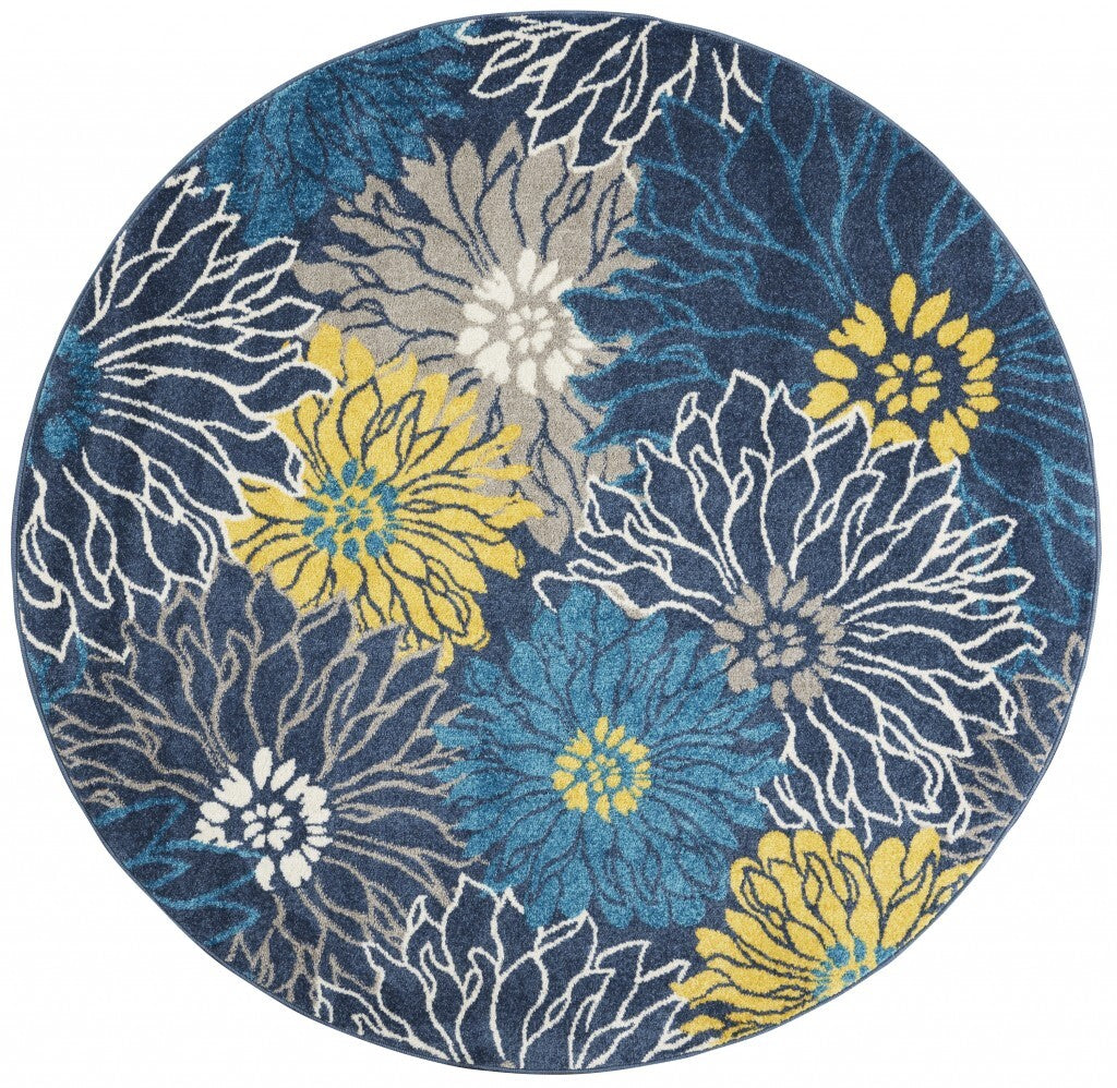 4' Round Blue Tropical Flower Area Rug