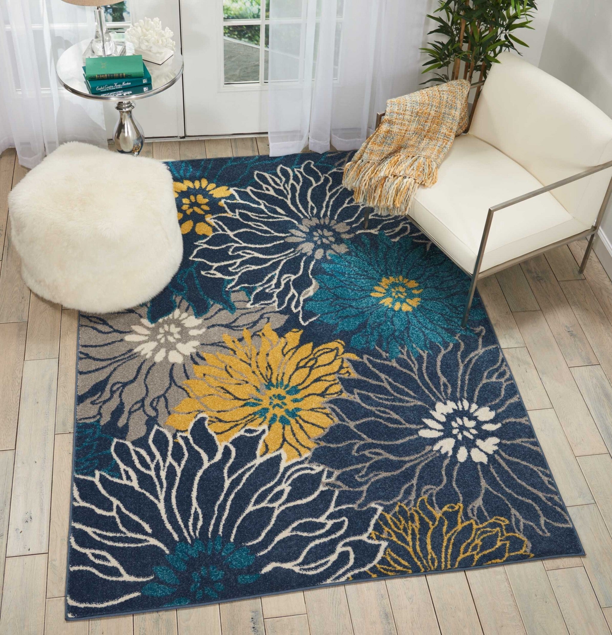 5' X 7' Blue Tropical Flower Area Rug