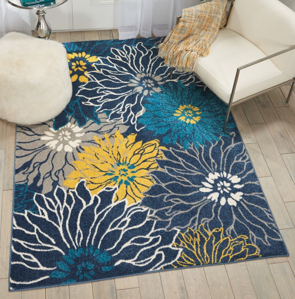 5' X 7' Blue Tropical Flower Area Rug