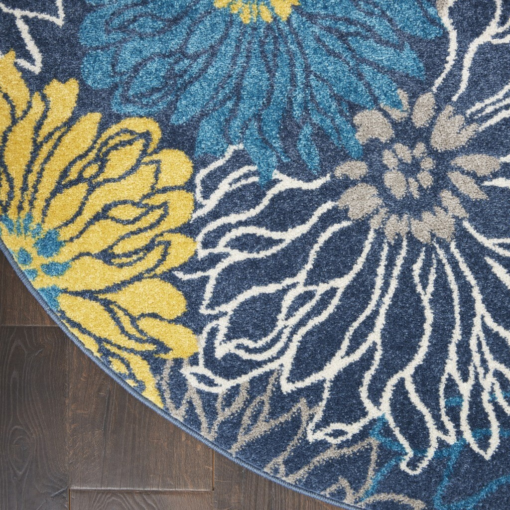 5' Round Blue Tropical Flower Area Rug