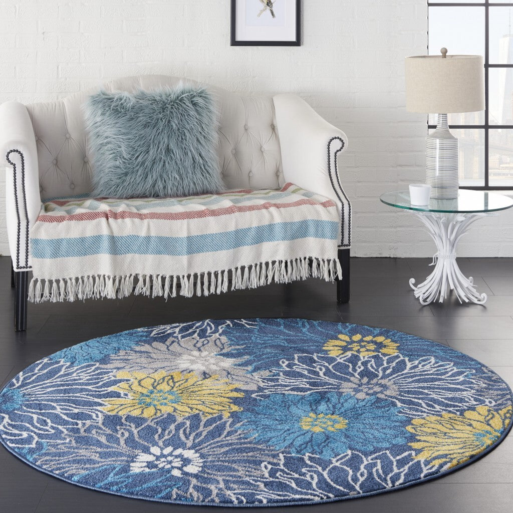 5' Round Blue Tropical Flower Area Rug