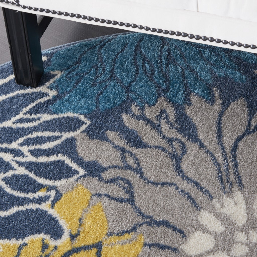 5' Round Blue Tropical Flower Area Rug