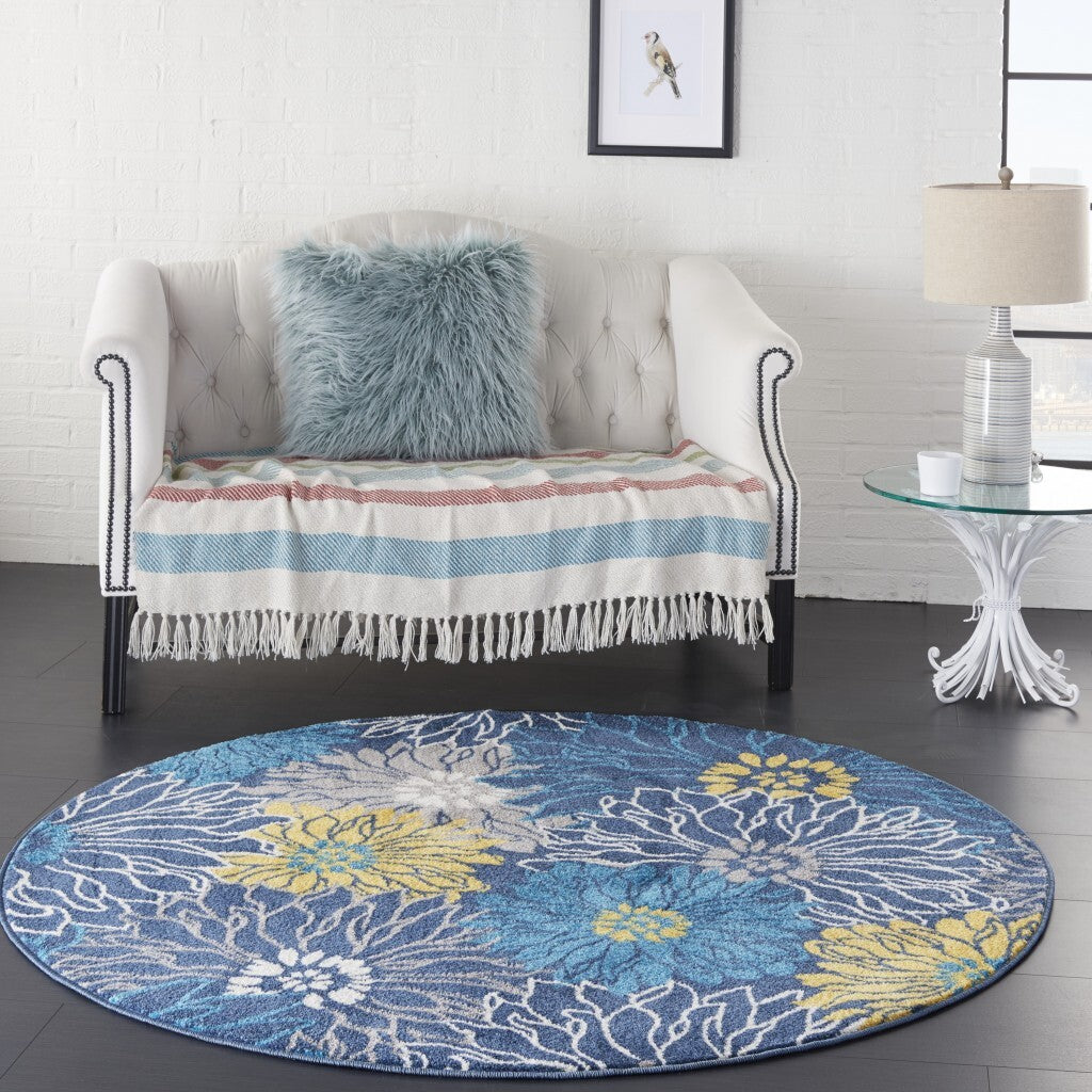 5' Round Blue Tropical Flower Area Rug
