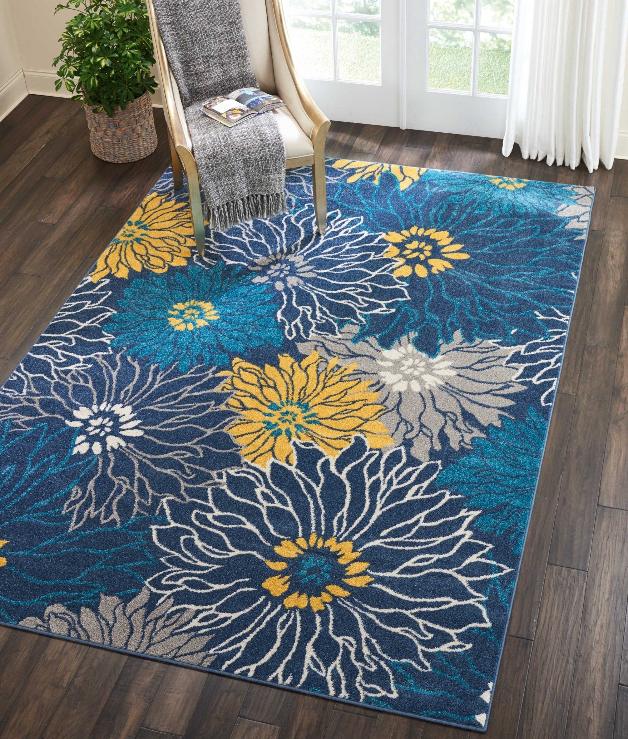 7' X 10' Blue Tropical Flower Area Rug