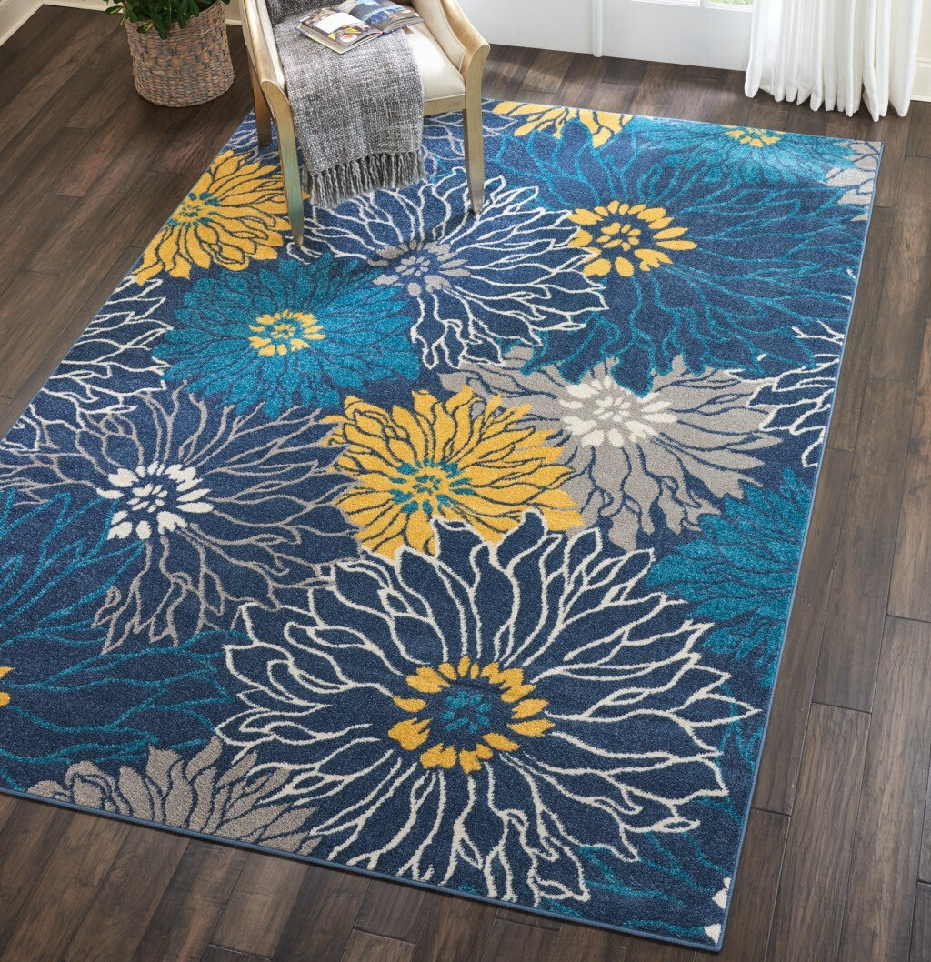 7' X 10' Blue Tropical Flower Area Rug