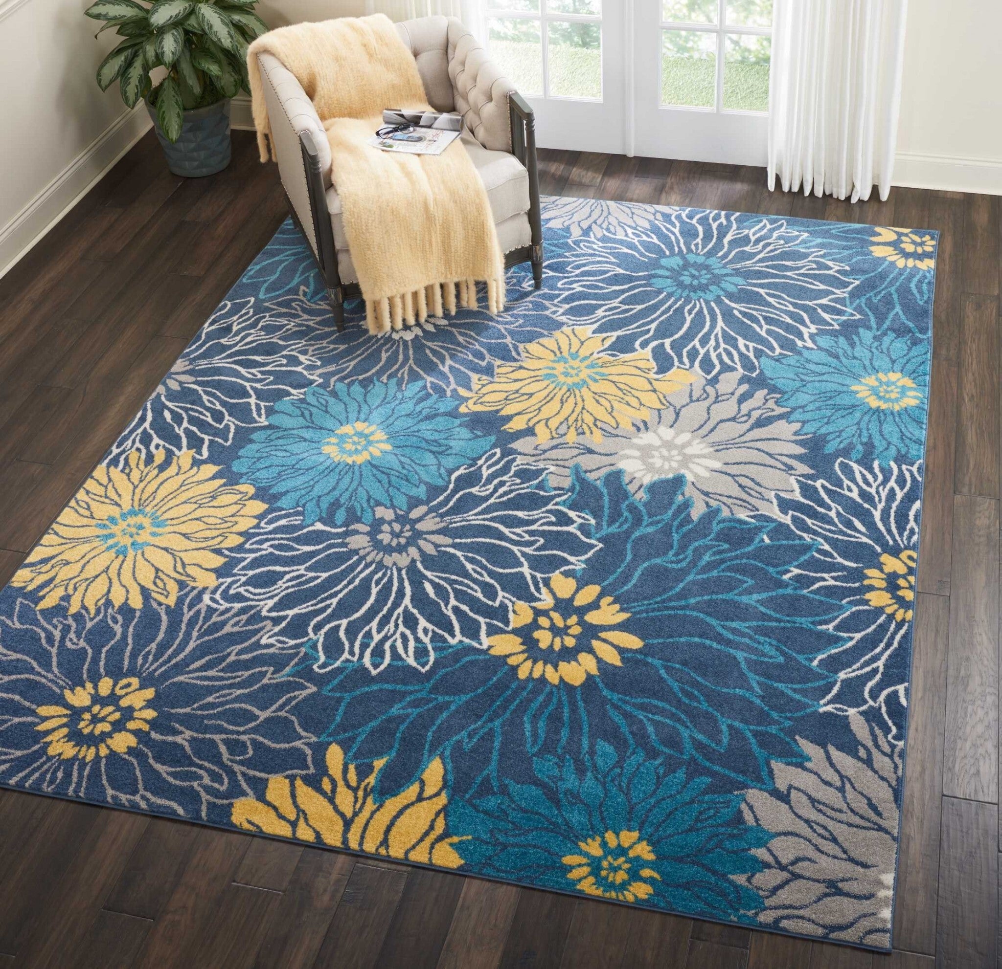 8' X 10' Blue Tropical Flower Area Rug