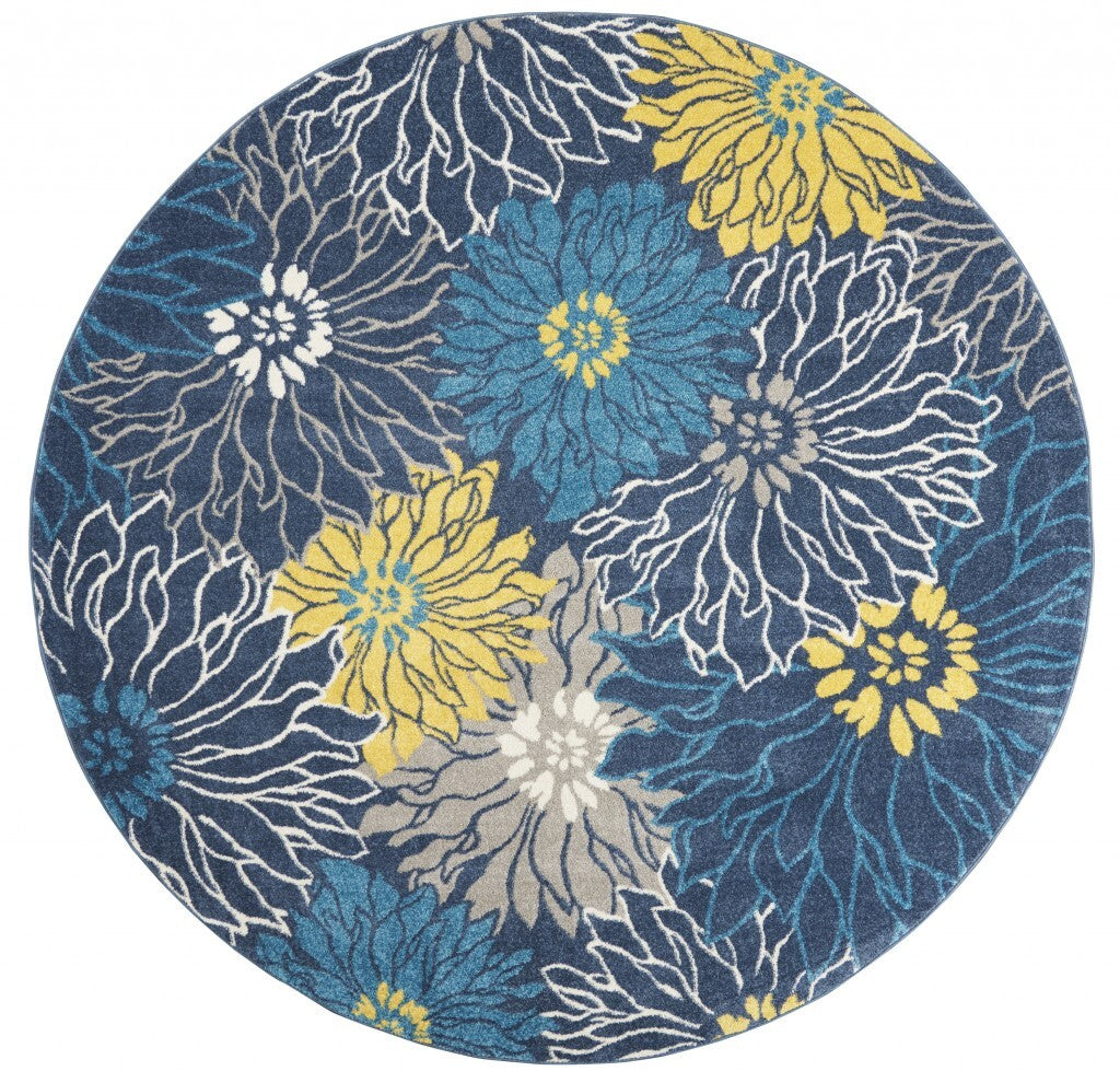 8' Round Blue Tropical Flower Area Rug