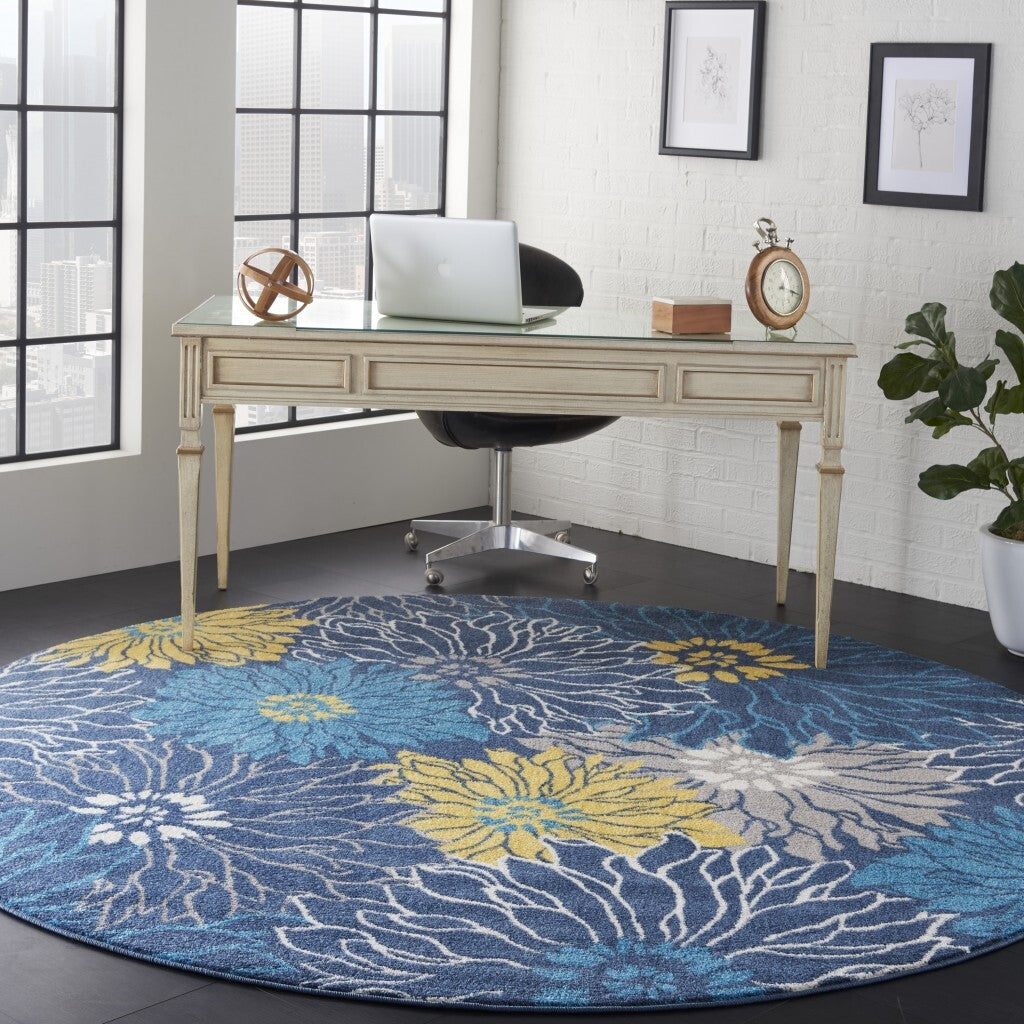 8' Round Blue Tropical Flower Area Rug