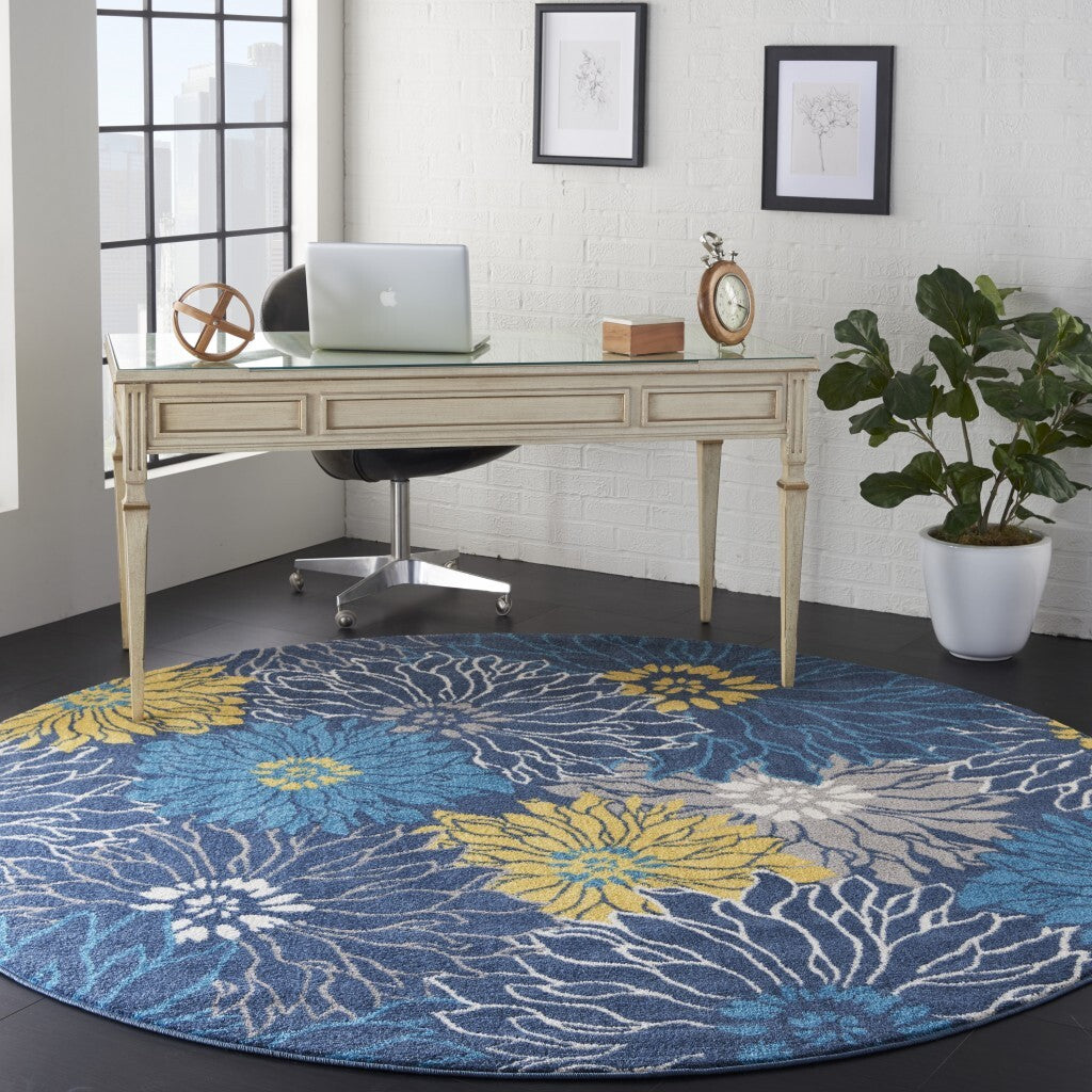 8' Round Blue Tropical Flower Area Rug