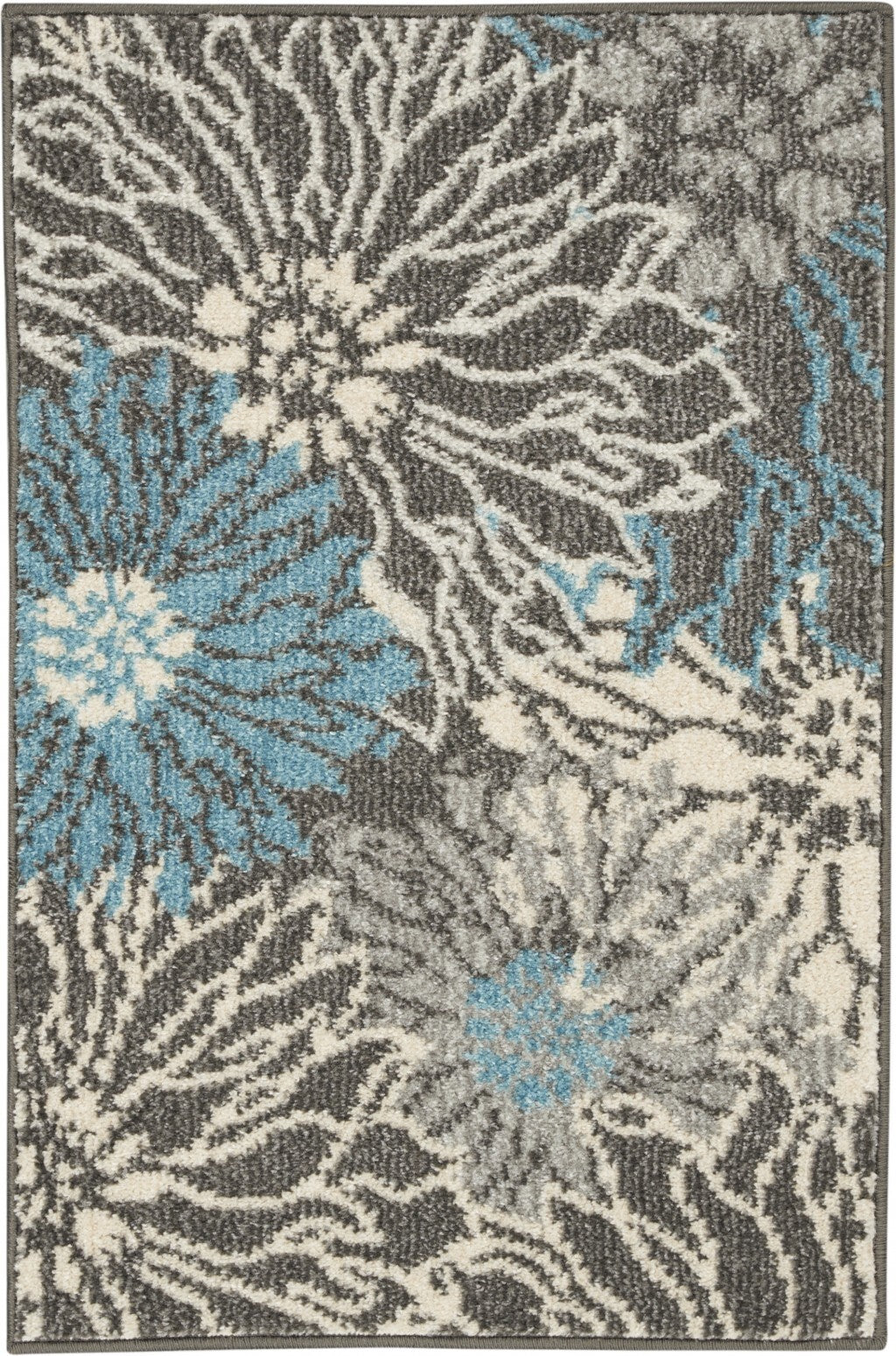 2' X 3' Charcoal And Blue Big Flower Scatter Rug