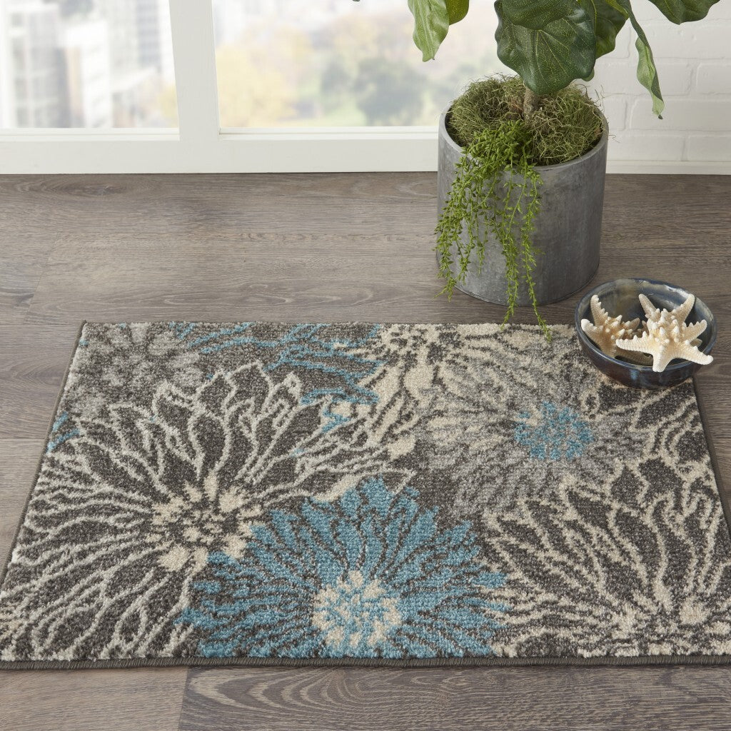 2' X 3' Charcoal And Blue Big Flower Scatter Rug