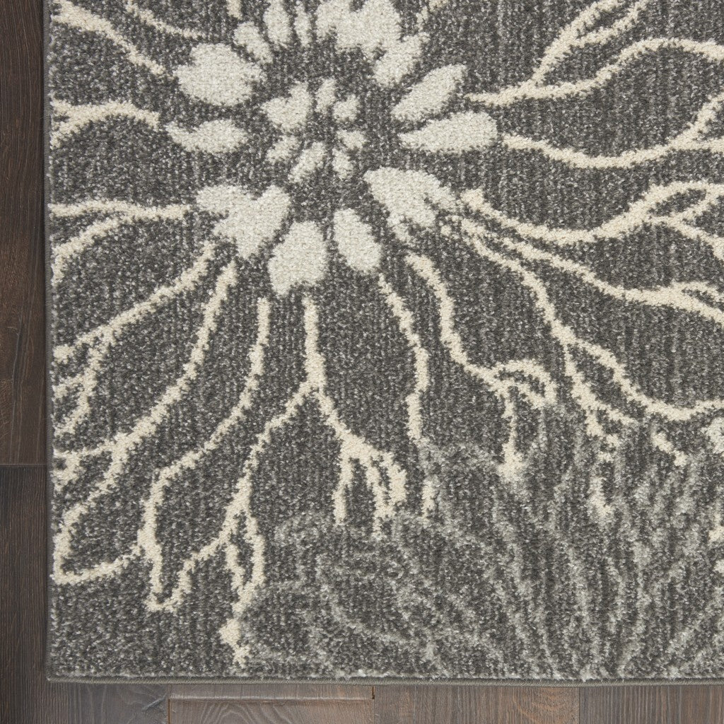 2' X 6' Charcoal And Blue Big Flower Runner Rug
