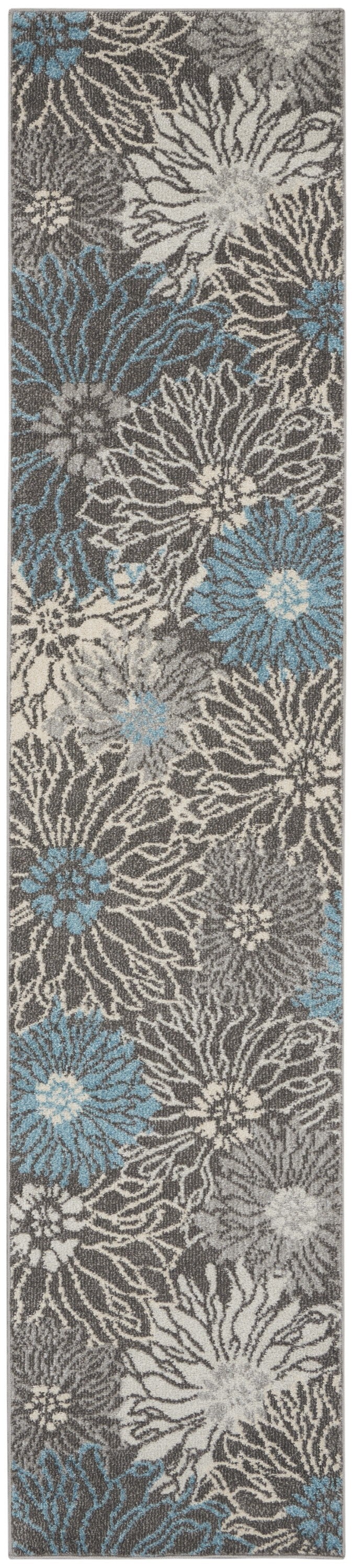 2' X 10' Charcoal And Blue Big Flower Runner Rug