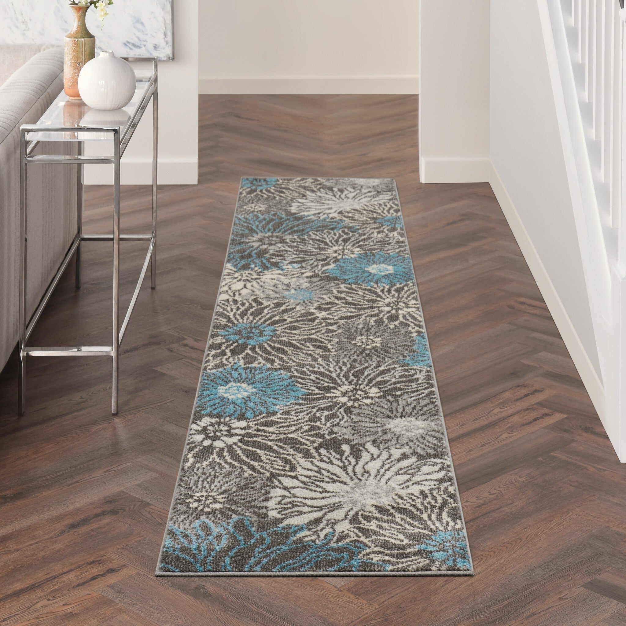 2' X 10' Charcoal And Blue Big Flower Runner Rug