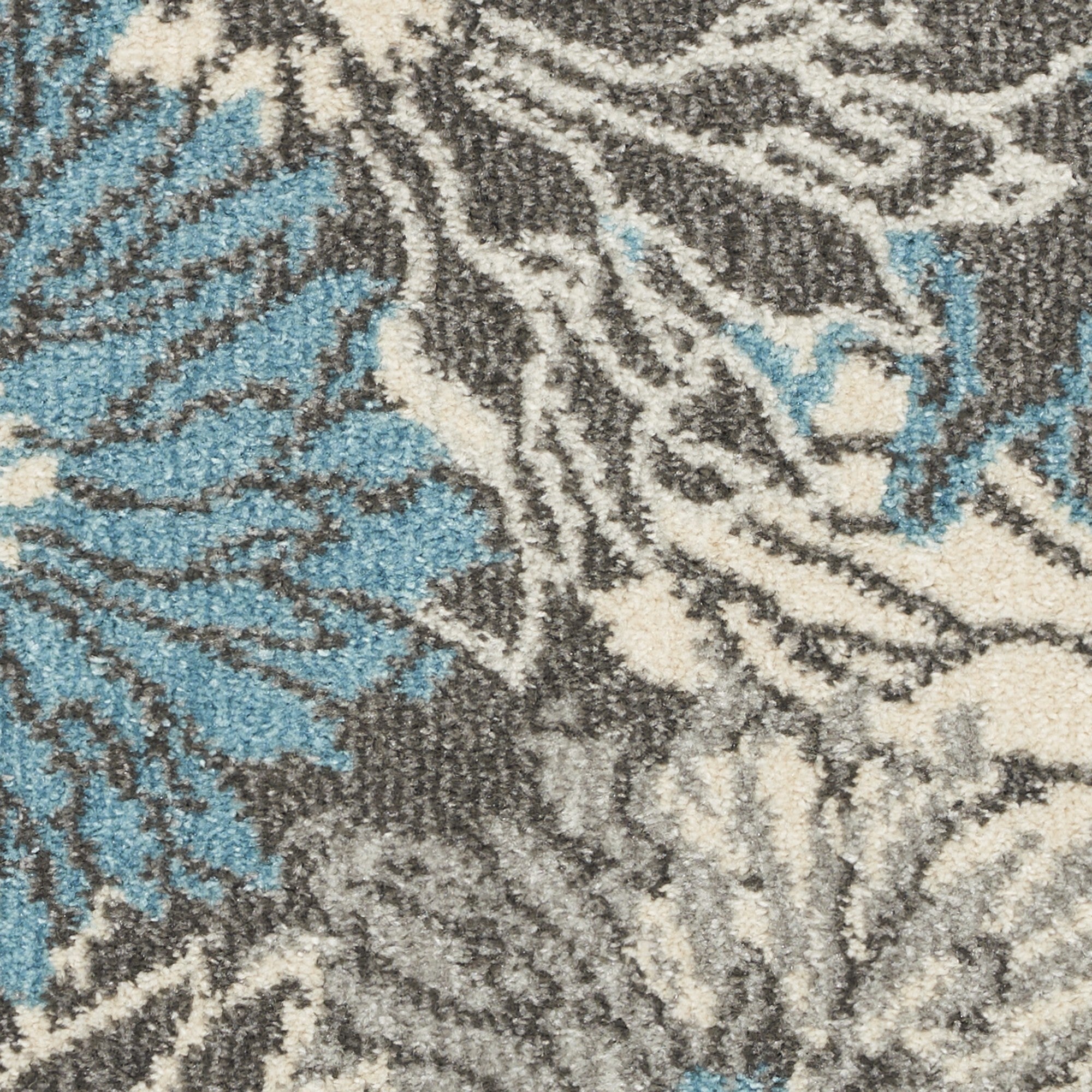 2' X 10' Charcoal And Blue Big Flower Runner Rug