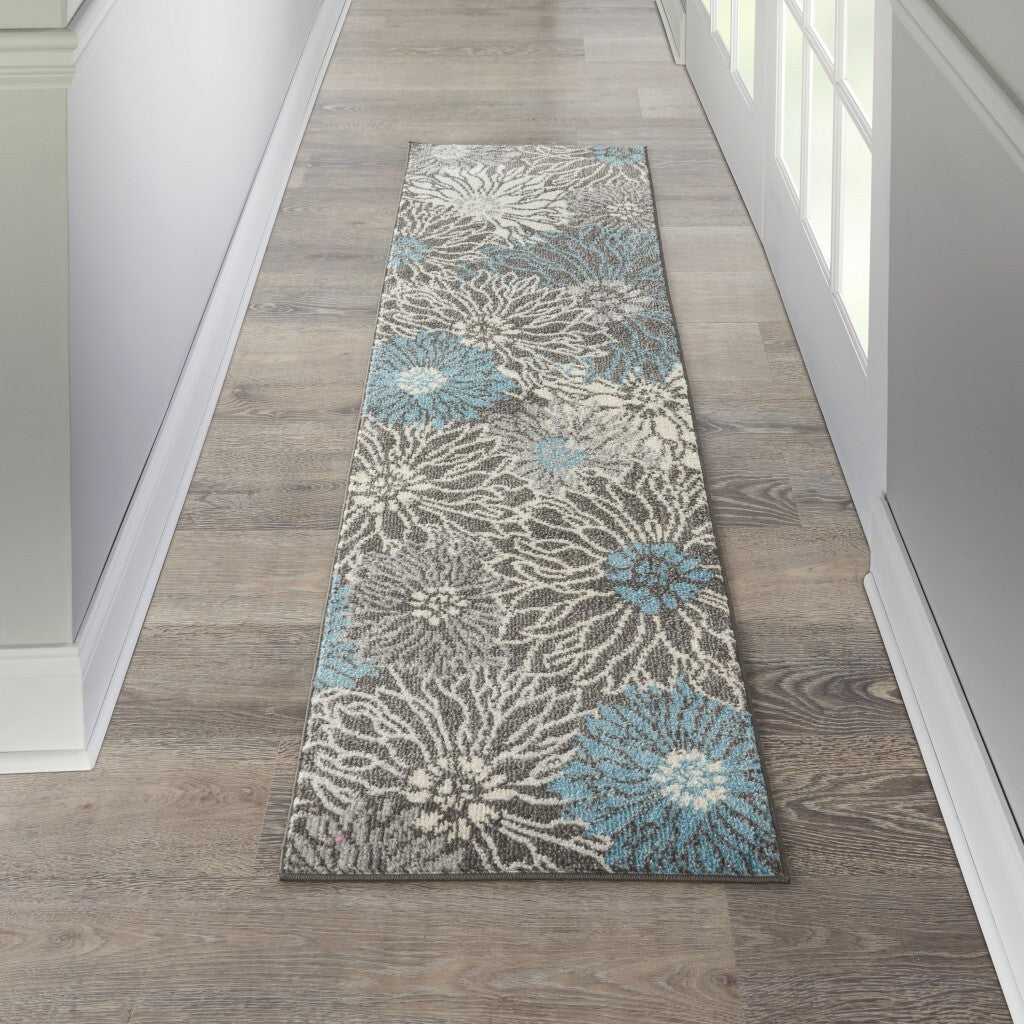 2' X 8' Charcoal And Blue Big Flower Runner Rug