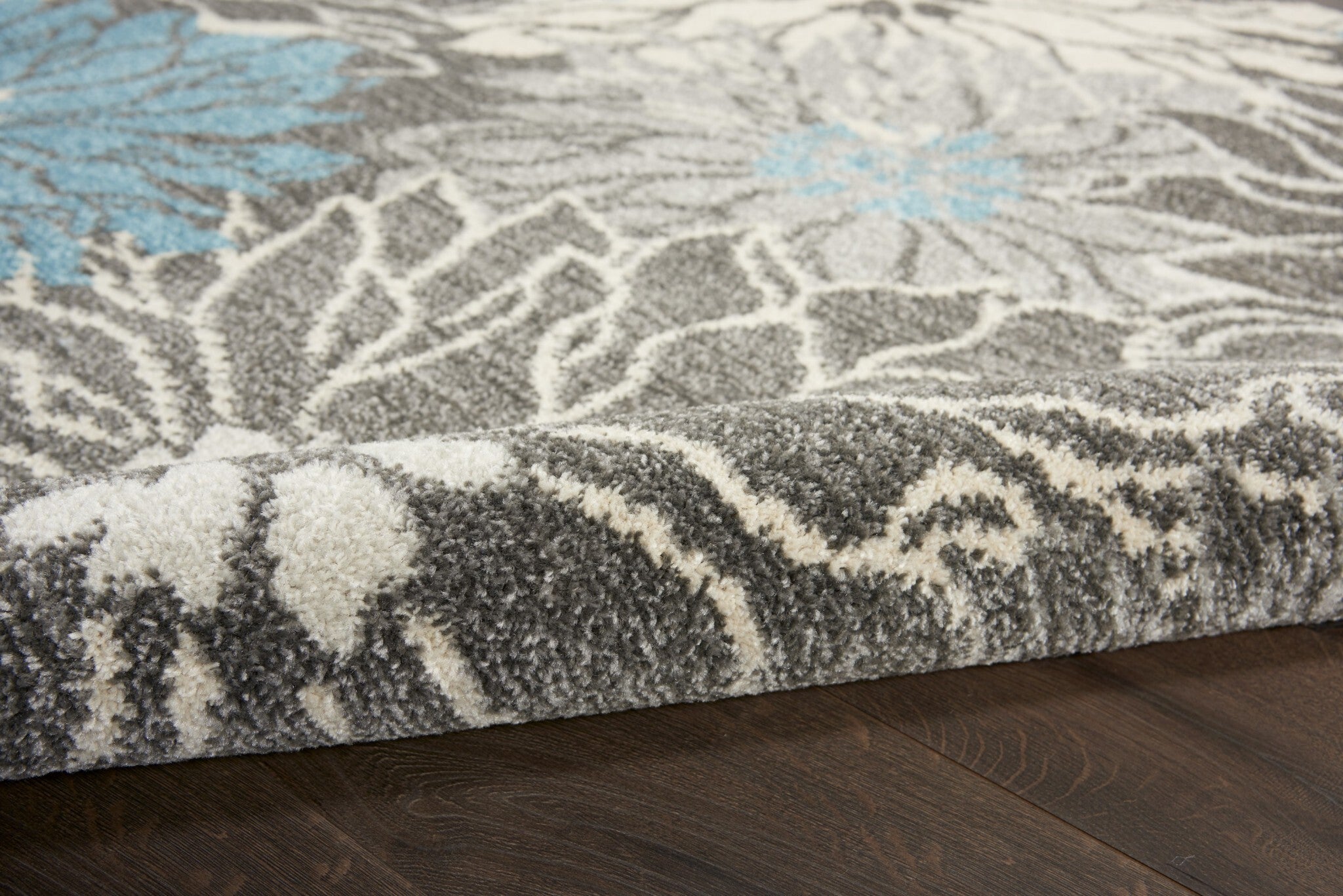 4' Round Charcoal And Blue Big Flower Area Rug