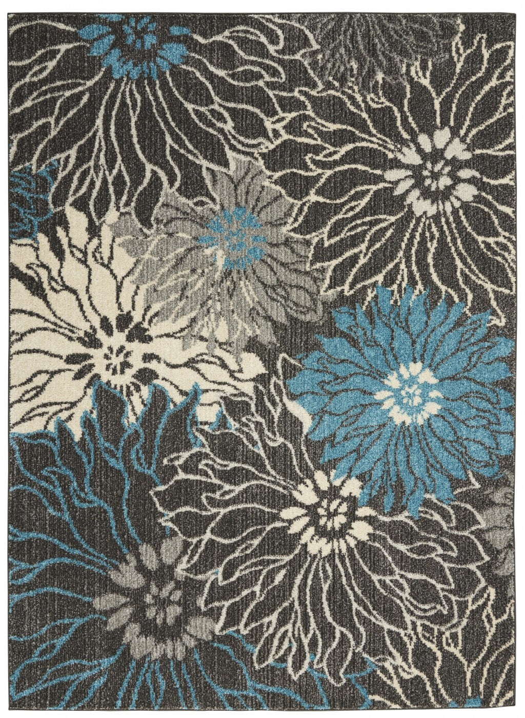 5' X 7' Charcoal And Blue Big Flower Area Rug
