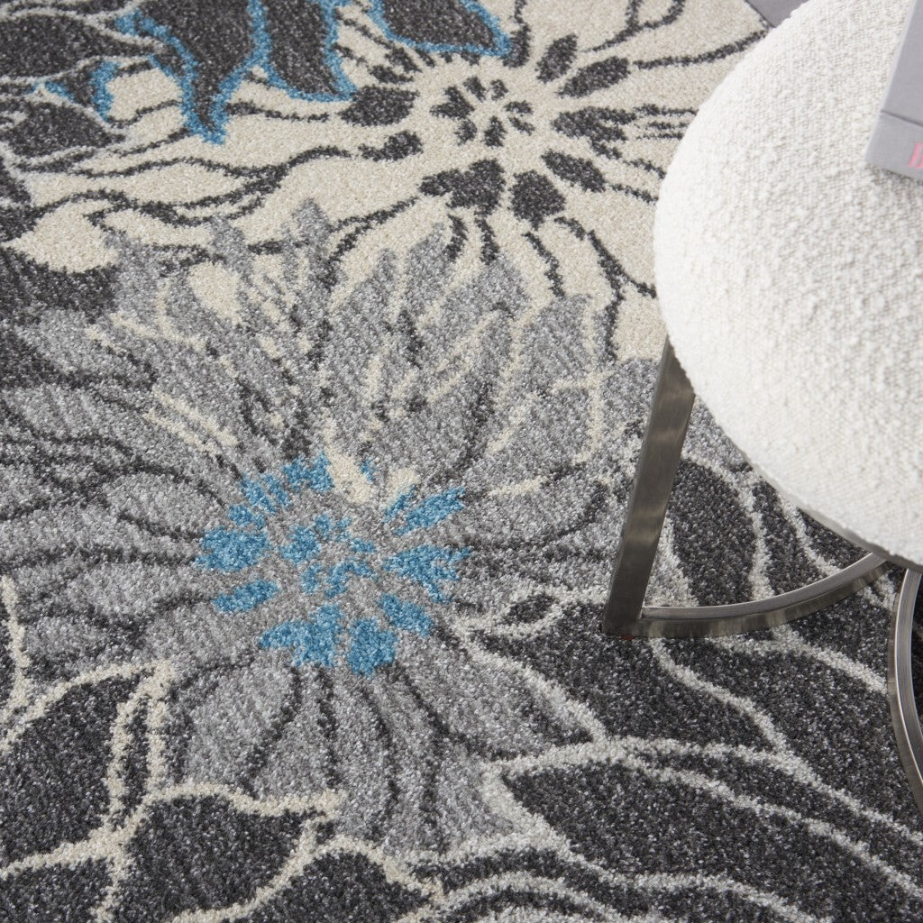 5' X 7' Charcoal And Blue Big Flower Area Rug