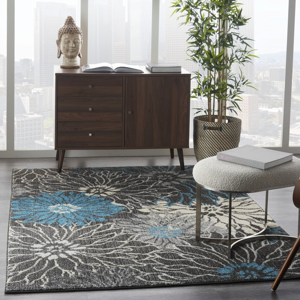 5' X 7' Charcoal And Blue Big Flower Area Rug