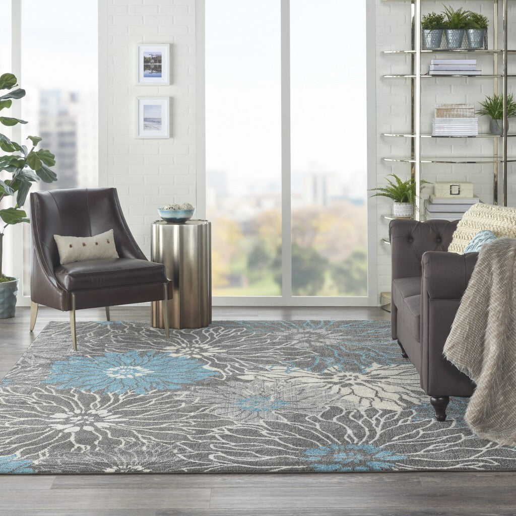8' X 10' Charcoal And Blue Big Flower Area Rug