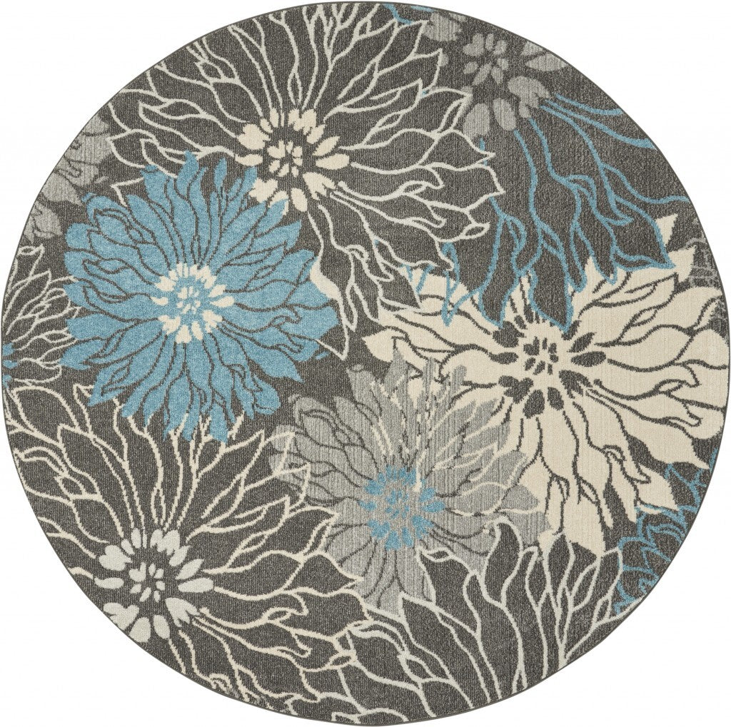 8' Round Charcoal And Blue Big Flower Area Rug