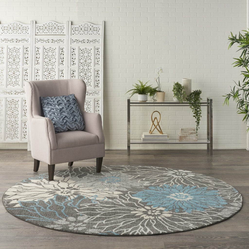 8' Round Charcoal And Blue Big Flower Area Rug