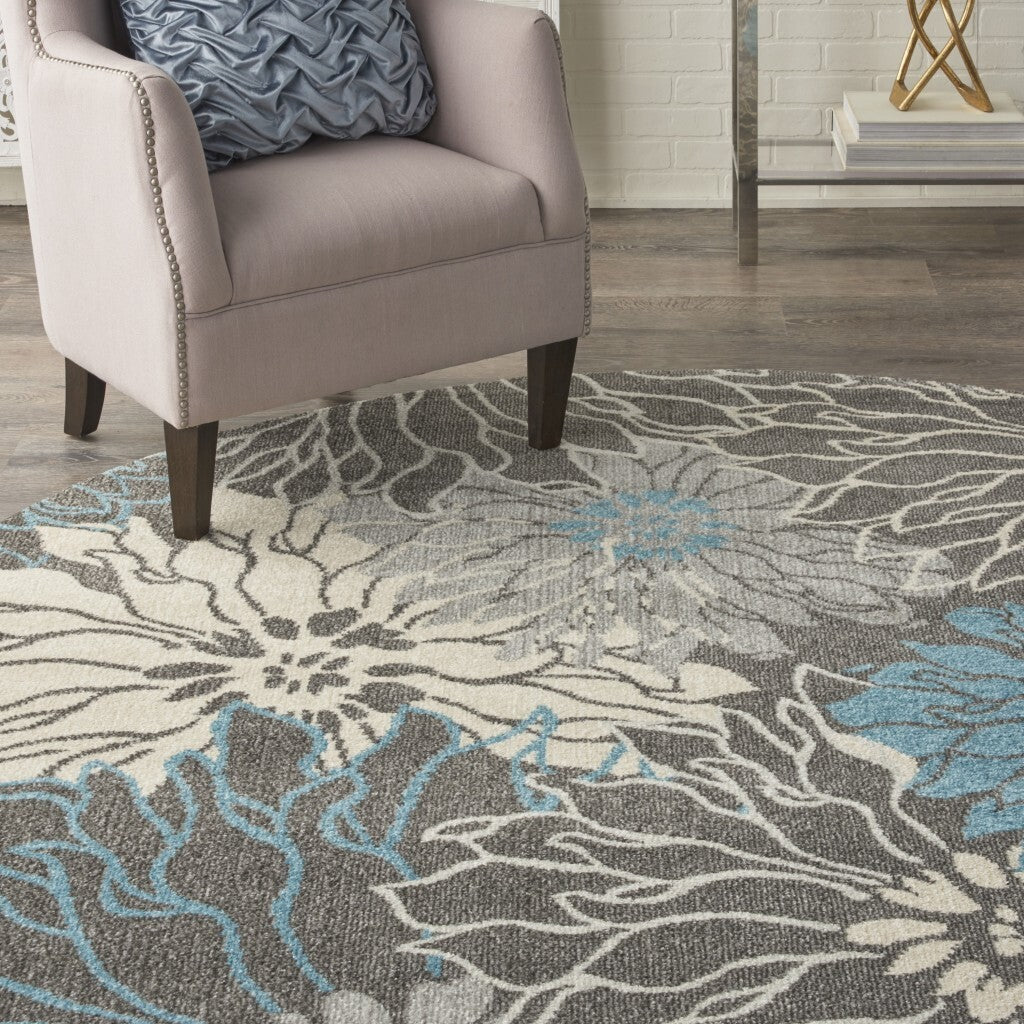 8' Round Charcoal And Blue Big Flower Area Rug