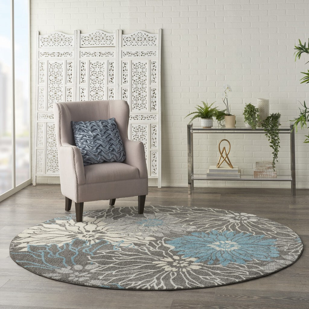 8' Round Charcoal And Blue Big Flower Area Rug
