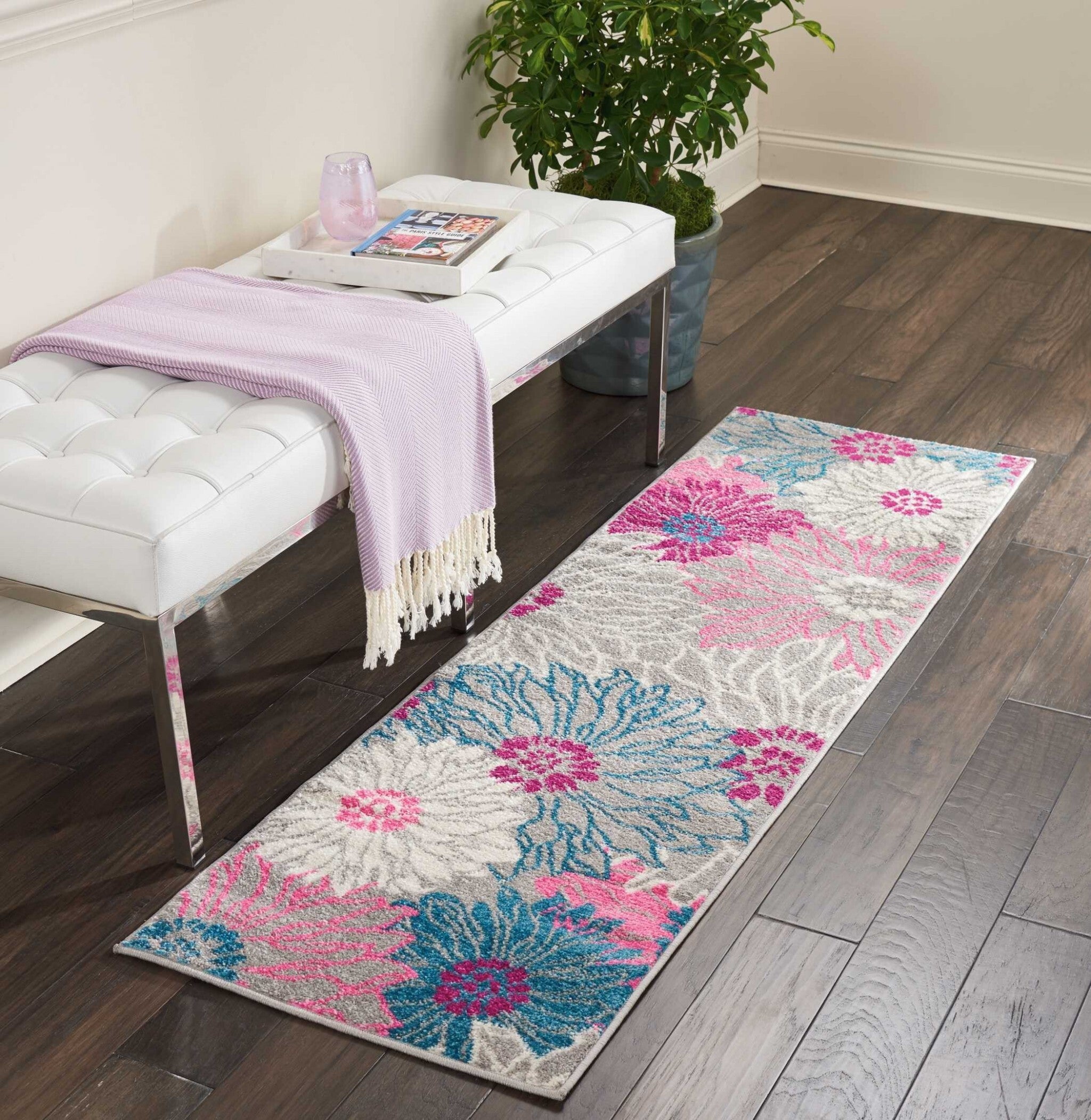 2' X 6' Gray And Pink Tropical Flower Runner Rug