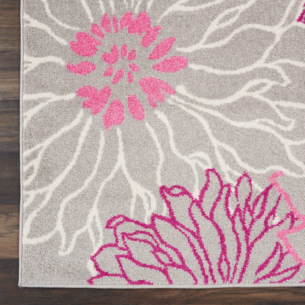 2' X 10' Gray And Pink Tropical Flower Runner Rug
