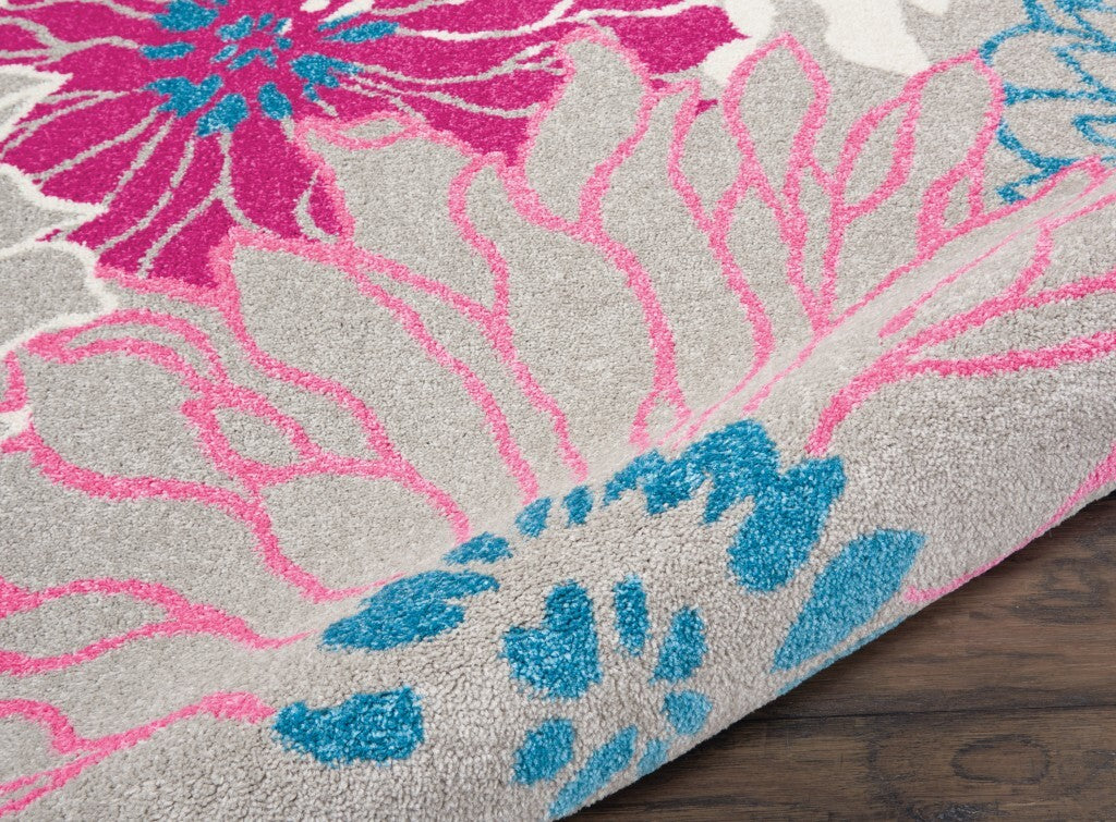 2' X 10' Gray And Pink Tropical Flower Runner Rug