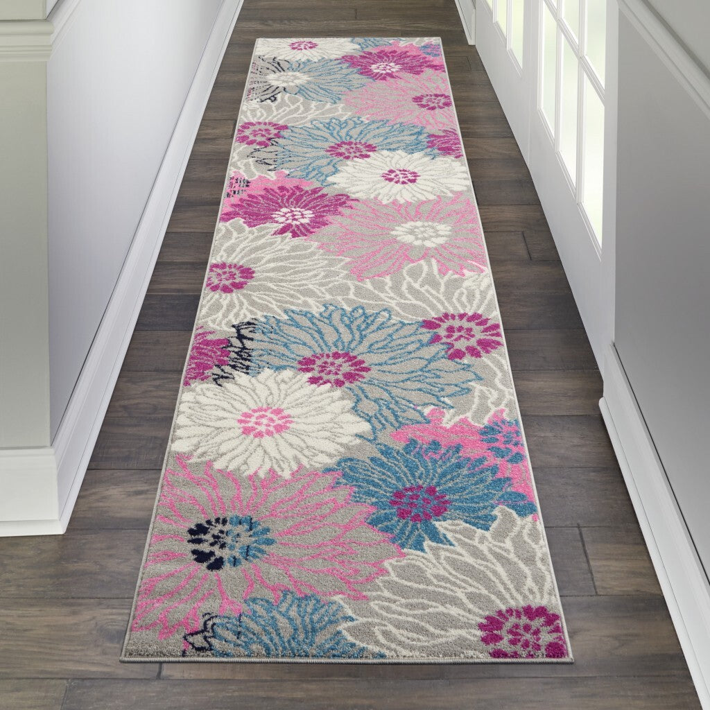 2' X 10' Gray And Pink Tropical Flower Runner Rug