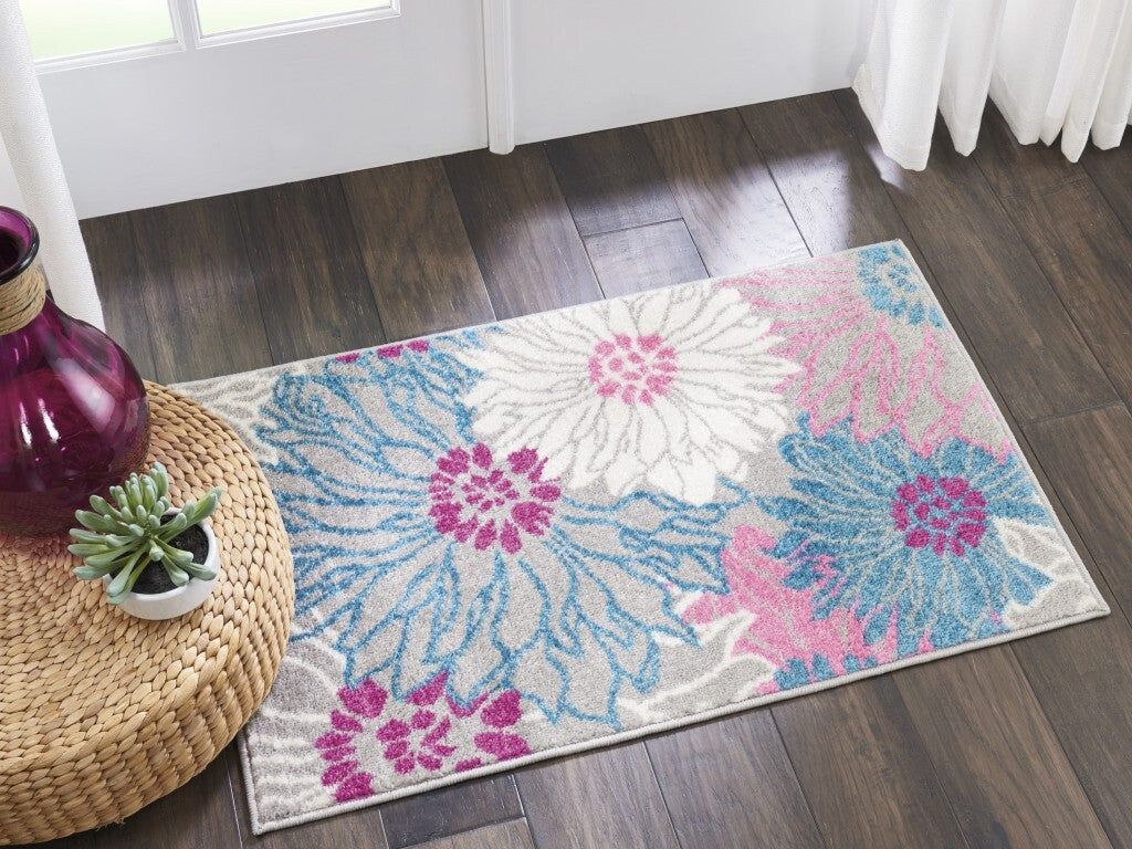 2' X 3' Gray And Pink Tropical Flower Scatter Rug