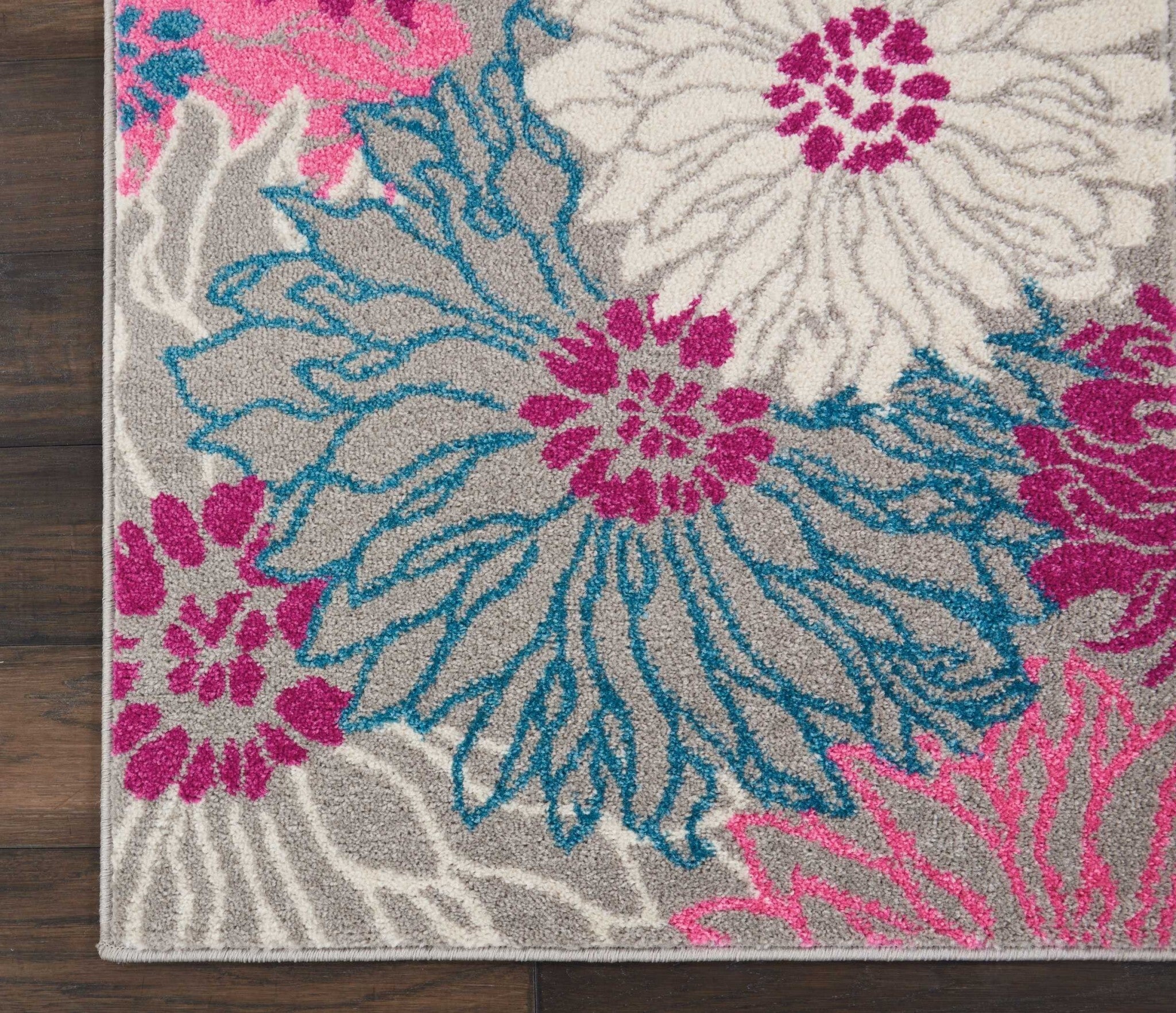2' X 8' Gray And Pink Tropical Flower Runner Rug