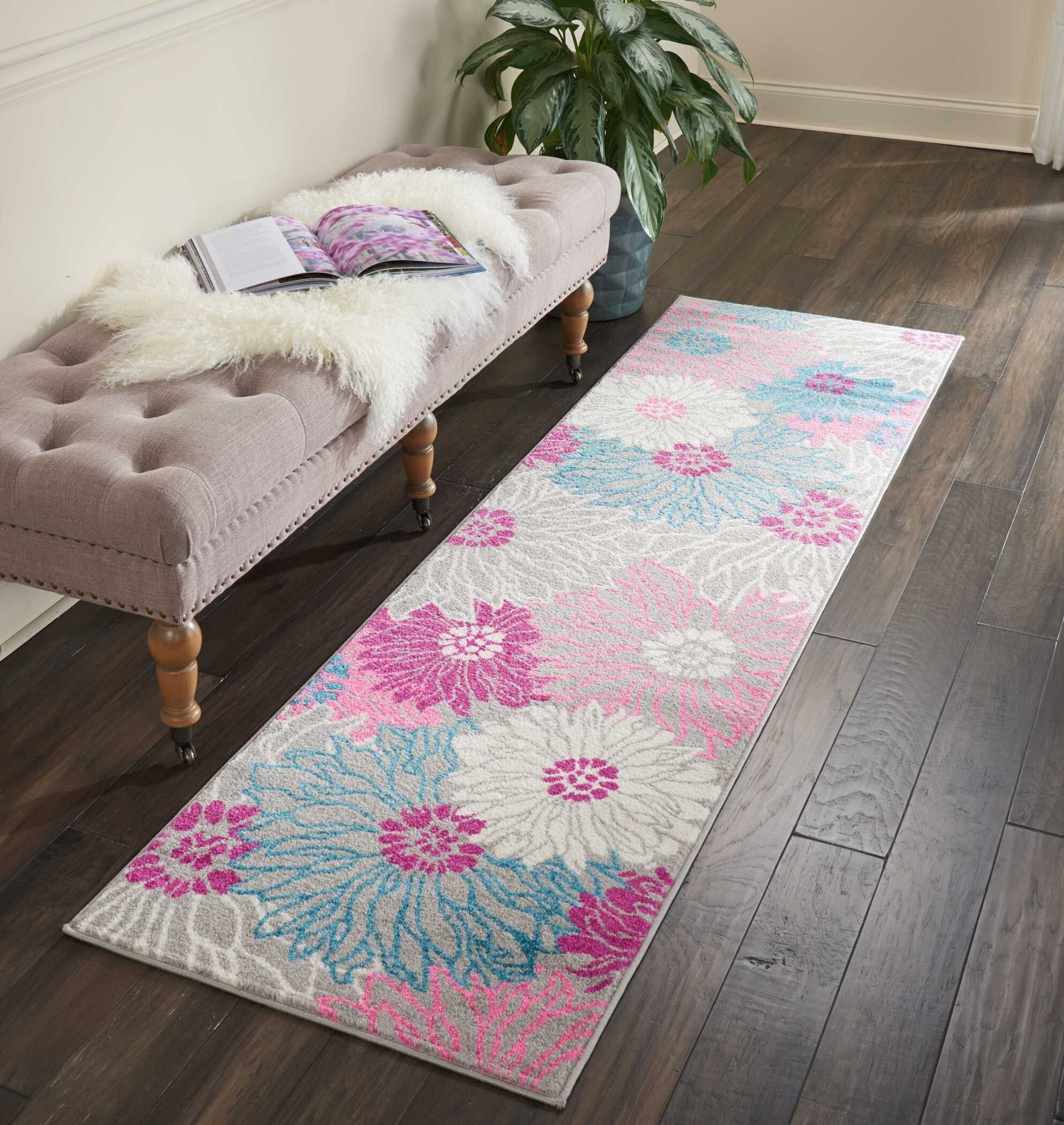 2' X 8' Gray And Pink Tropical Flower Runner Rug