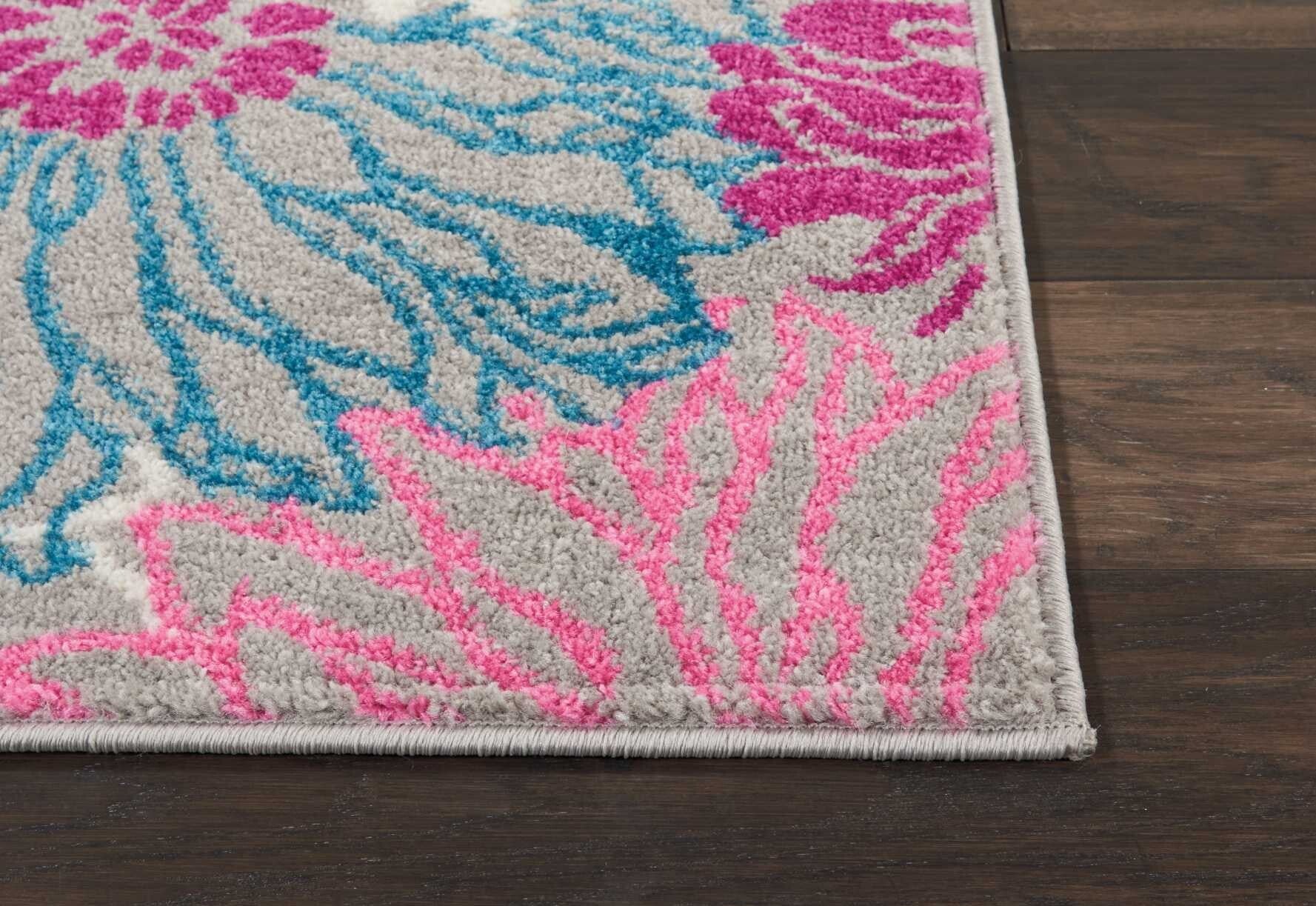 2' X 8' Gray And Pink Tropical Flower Runner Rug
