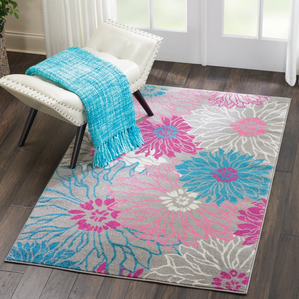 4' X 6' Gray And Pink Tropical Flower Area Rug