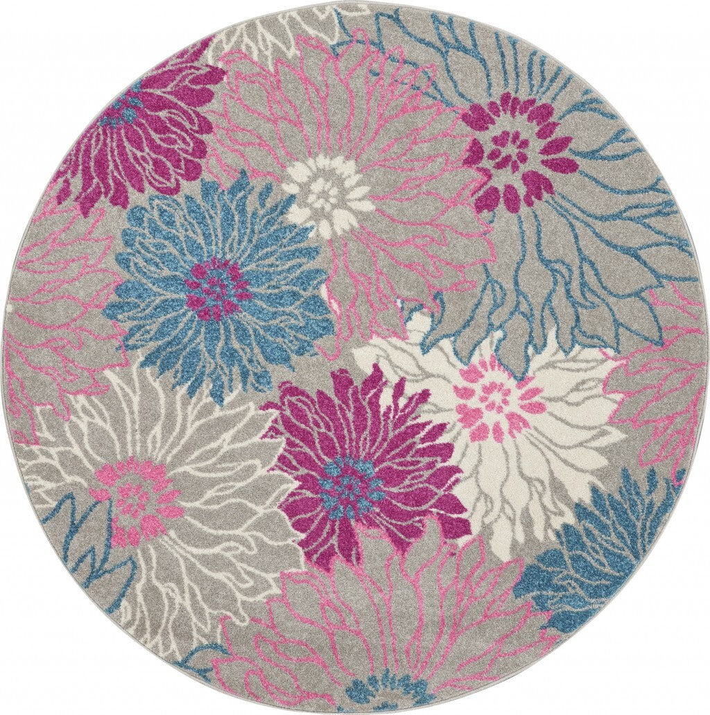 5' Round Gray And Pink Tropical Flower Area Rug