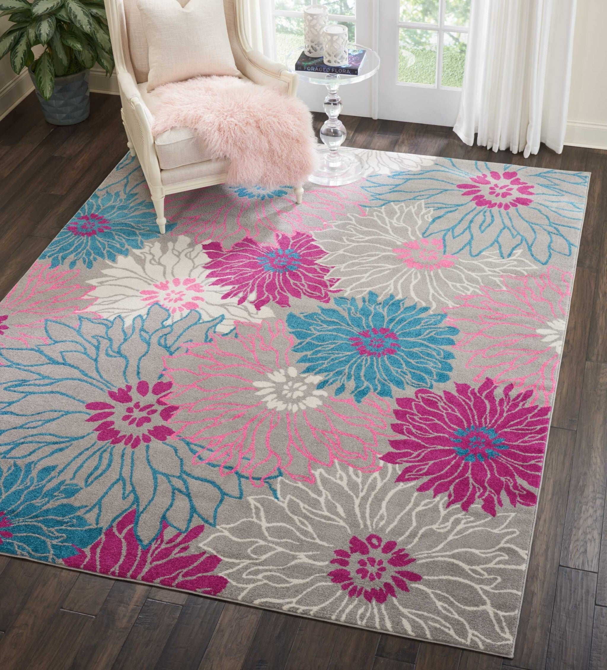 8' X 10' Gray And Pink Tropical Flower Area Rug
