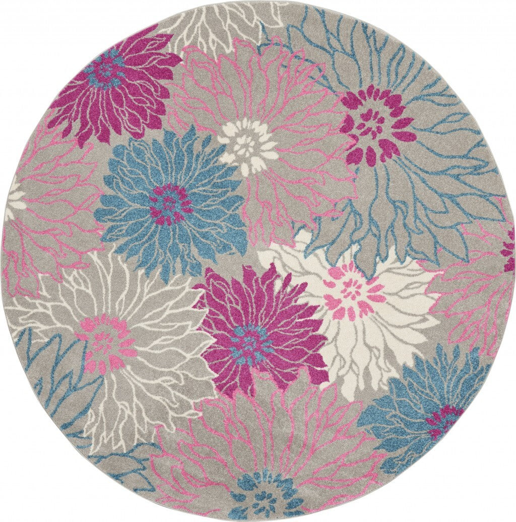 8' Round Gray And Pink Tropical Flower Area Rug