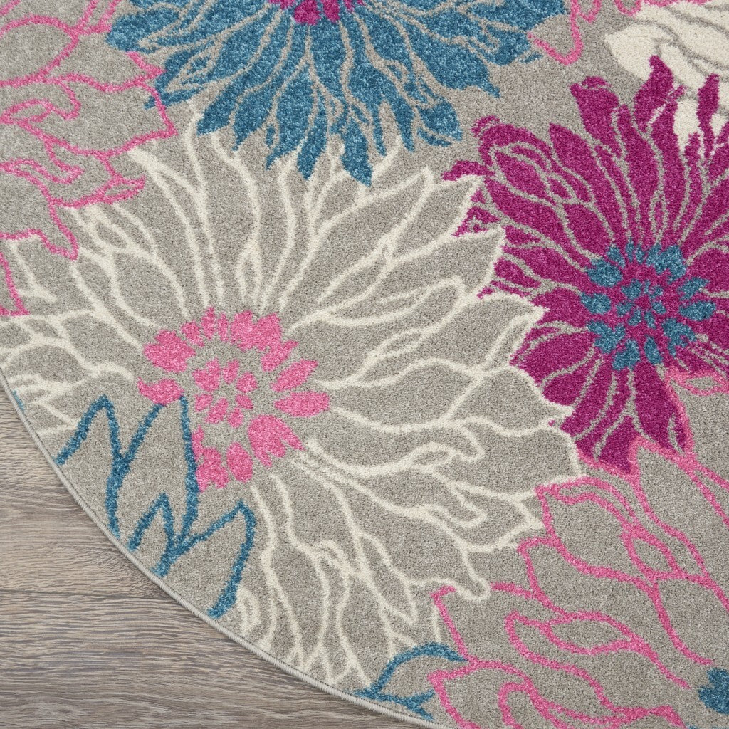 8' Round Gray And Pink Tropical Flower Area Rug