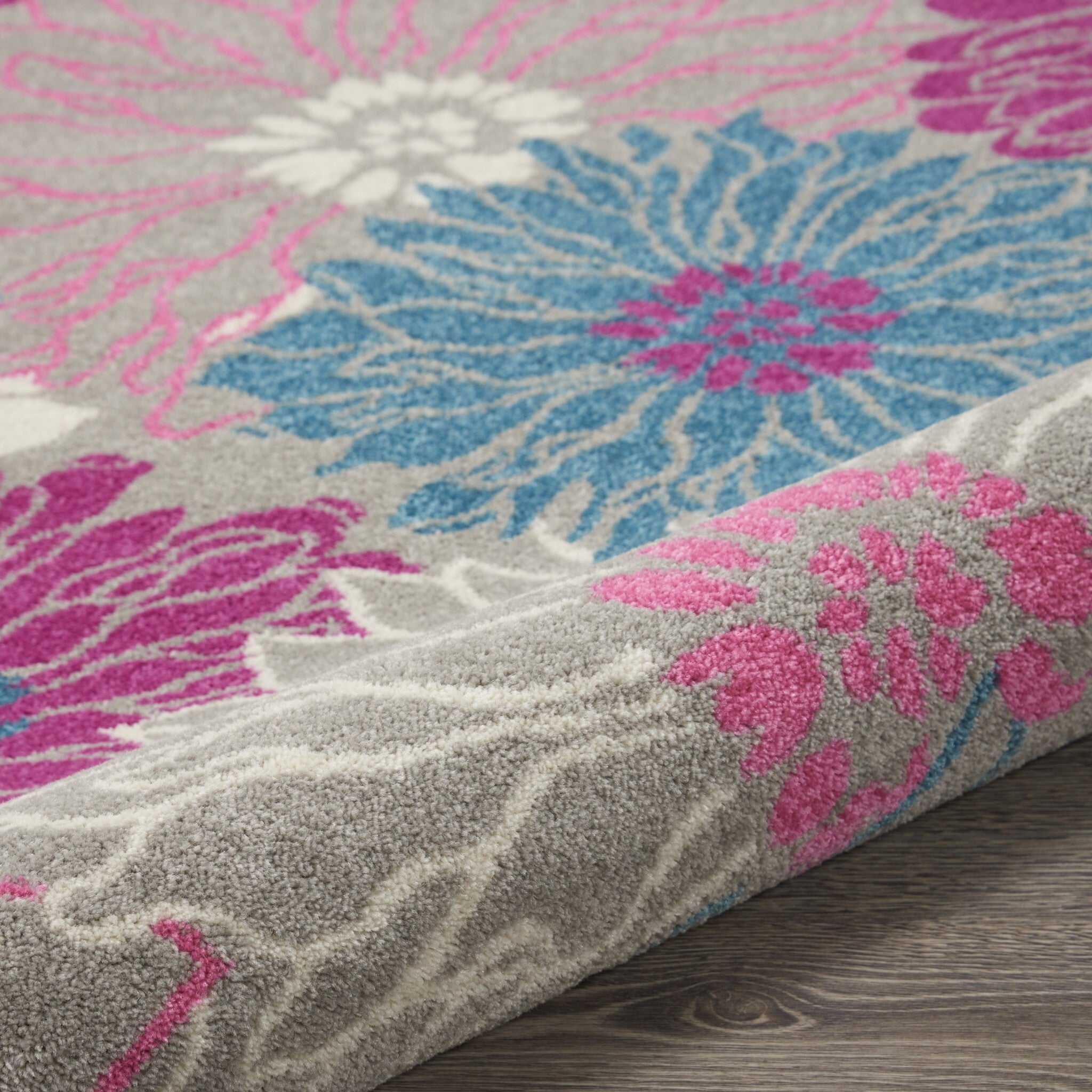 8' Round Gray And Pink Tropical Flower Area Rug
