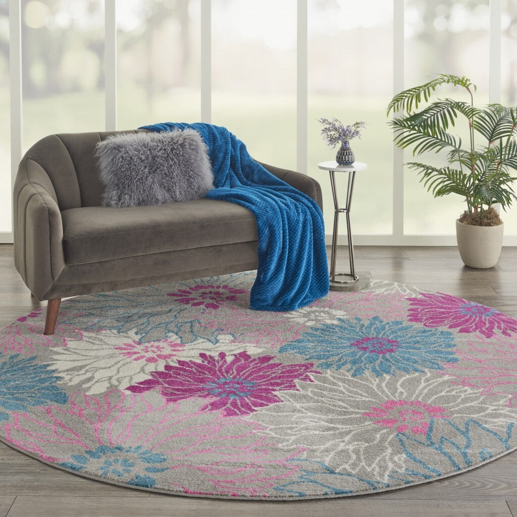 8' Round Gray And Pink Tropical Flower Area Rug
