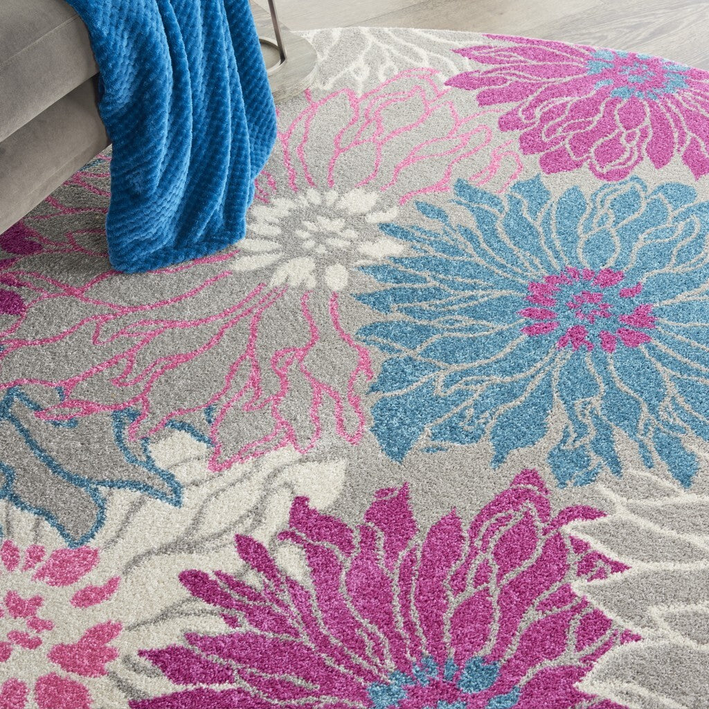 8' Round Gray And Pink Tropical Flower Area Rug