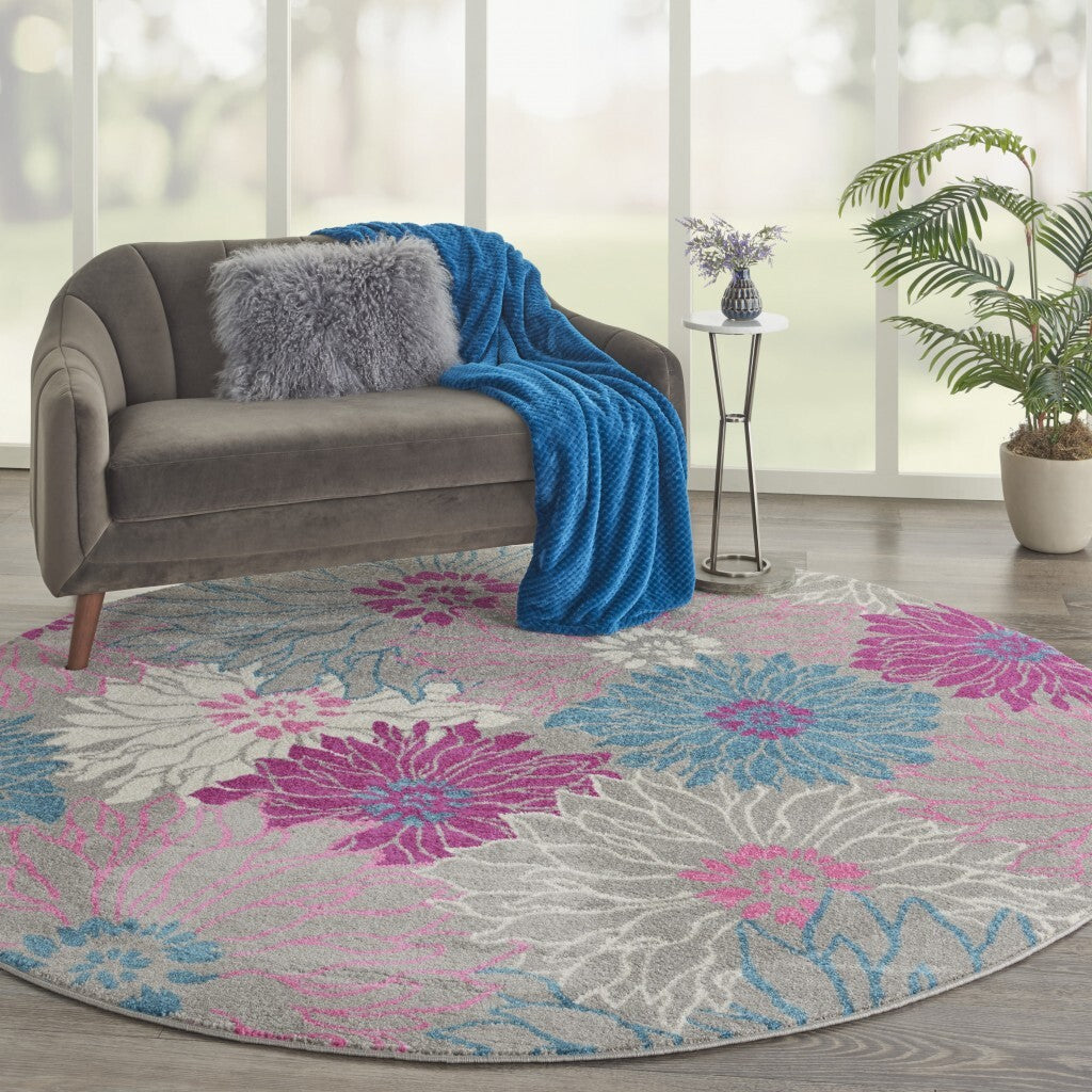 8' Round Gray And Pink Tropical Flower Area Rug