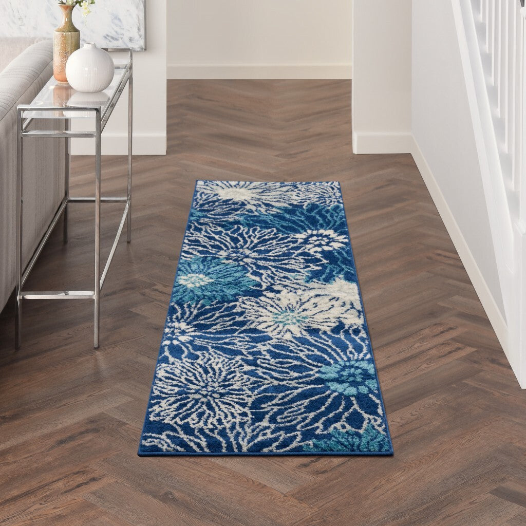 2' X 6' Navy And Ivory Floral Runner Rug