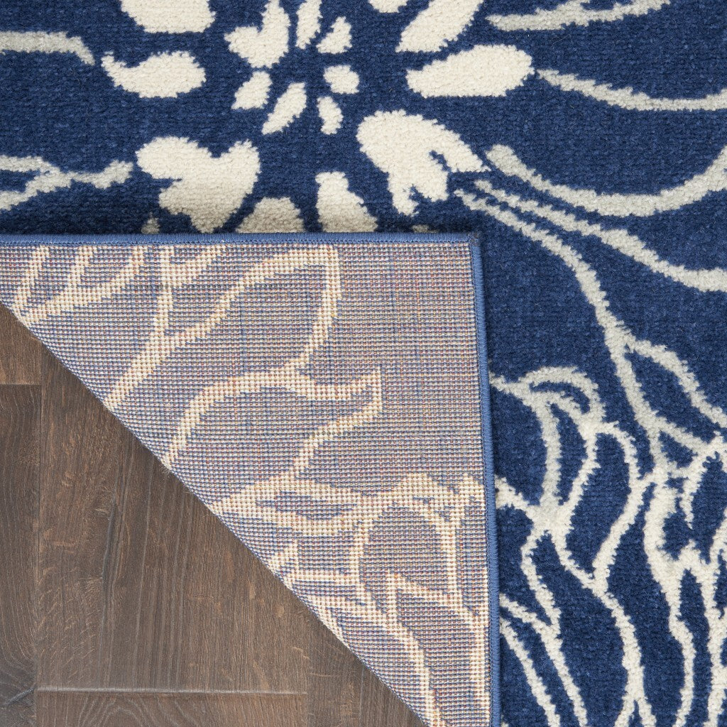 2' X 6' Navy And Ivory Floral Runner Rug