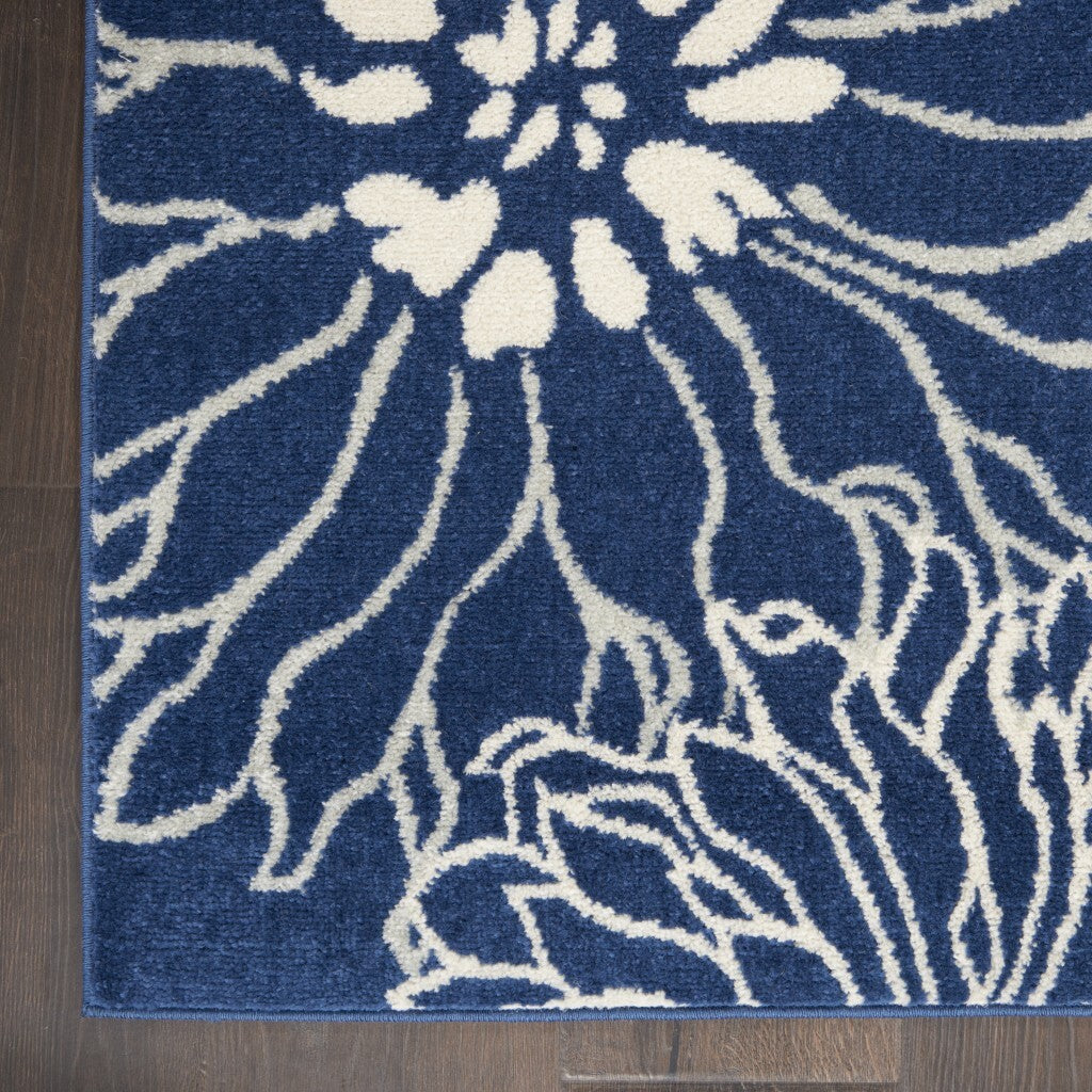 2' X 6' Navy And Ivory Floral Runner Rug
